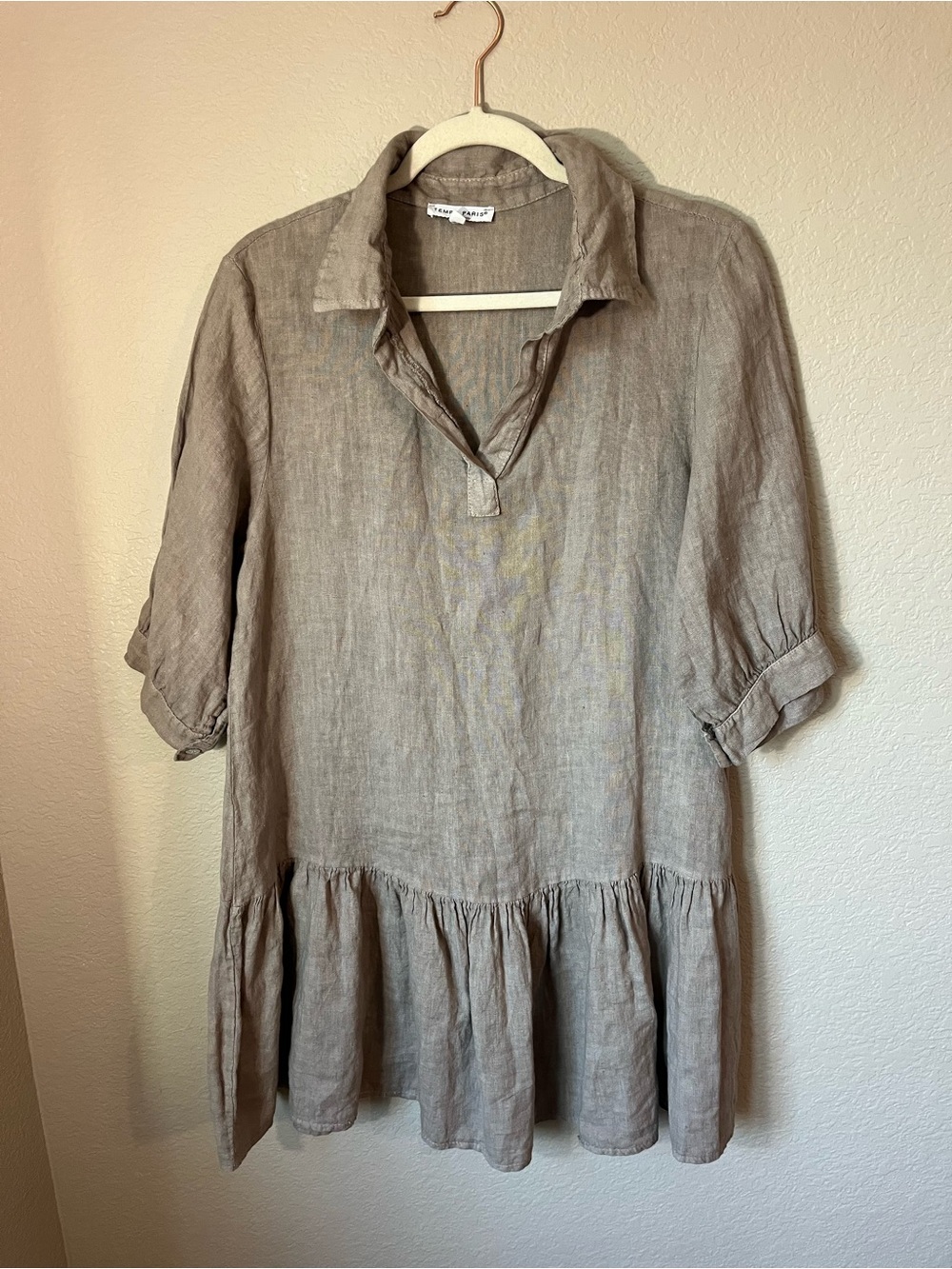 Tempo Paris Linen Dress S/M Made Italy Taupe Tiered Boho Lagenlook Cottagecorr